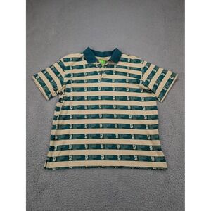 HUF Polo Shirt Mens Medium Beige Green Striped Pattern All Over Print Cotton